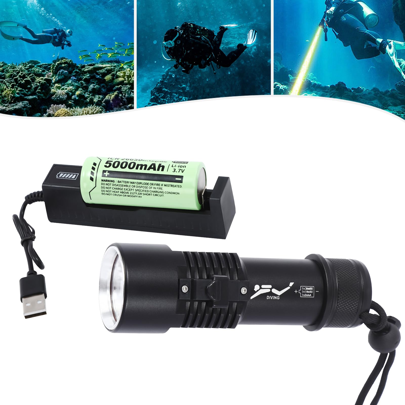 Dive Light, 1400 Lumens Compact Bright Diving Torch, IP68 Waterproof Submersible Flashlight, 2 Lighting Modes, for Underwater 100-150 Meters Diving (Yellow)