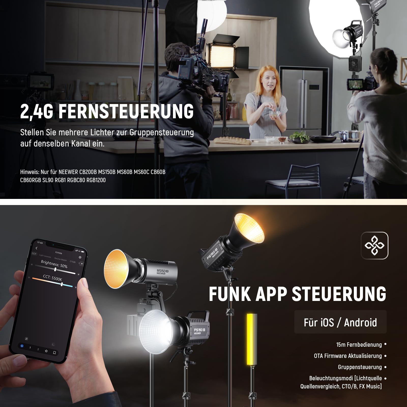 NEEWER FS150B LED Videoleuchte mit 2,4G/APP Steuerung, 130W Bi Color COB leise - Studio Dauerlicht mit 4 Arten präziser Dimmung, 72000 Lux/1m 2700K-6500K, LED Light, Power Adapter,Wireless 2.4G,Black