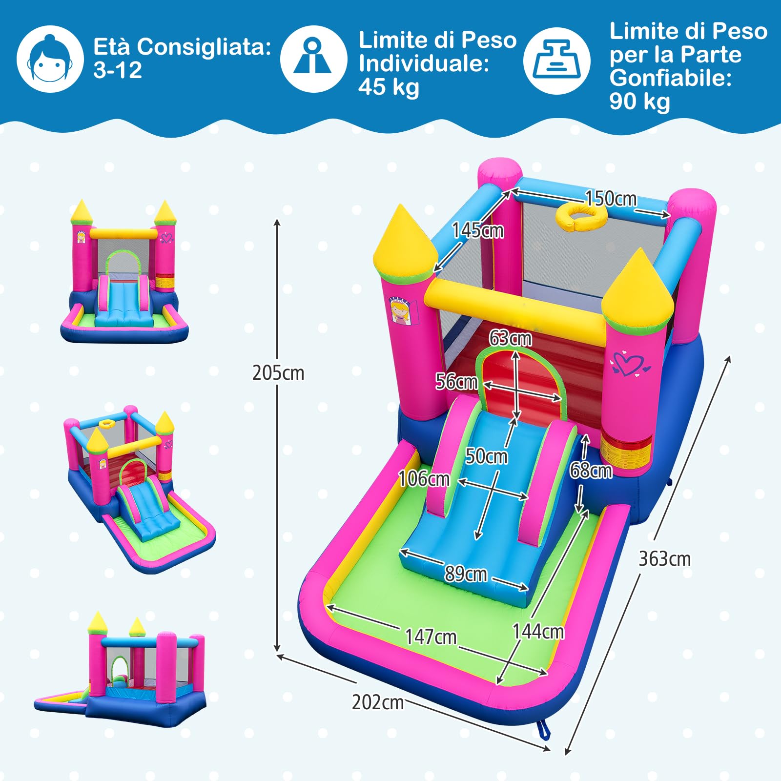 GYMAX Castello Gonfiabile per Bambini, Carino Castello della Principessa con Scivolo, Pozzetto di Palline, Canestro da Basket, Borsa da Trasporto, Gonfiabile per Interni/Esterni senza Ventilatore