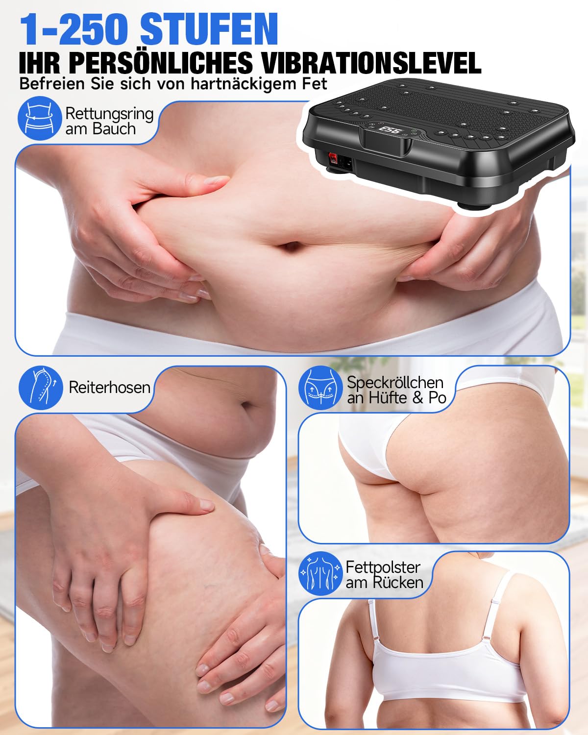 HomeFitnessCode Mini Vibrationsplatte für Frauen - Vibrationsgerät mit 250 Intensitätsstufen + 9 Vorprogramm Vibrationstrainer Zuhause für Abnahme Muskelaufbau Ganzkörpertraining