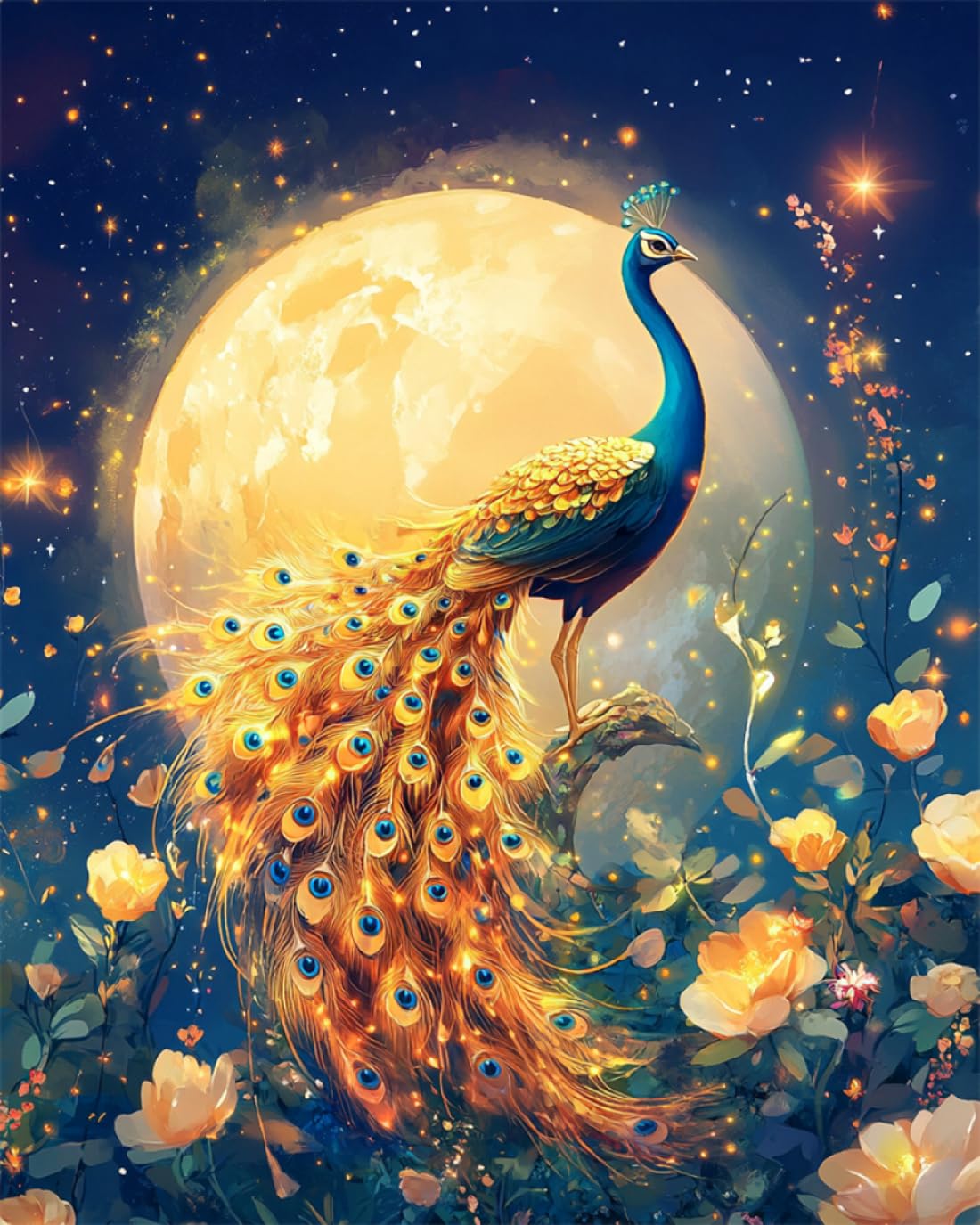 RKFLGEW Kit De Bordado De Cuentas DIY Fantasía De Pavo Real Dorado Y Flores Kits De Bordado,Punto De Cruz Con Cuentas,Pintura Con Cuentass En 3D,Manualidades 50x70cm