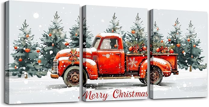 Castle Fairy Christmas Canvas Wall Art,Christmas Tree Farm Red Truck Wall Artwork Print for Teens Adults,Winter Jungle Pine Trees Farmhouse Art Decor Painting for Bedroom,3 Panels 12"x16"
