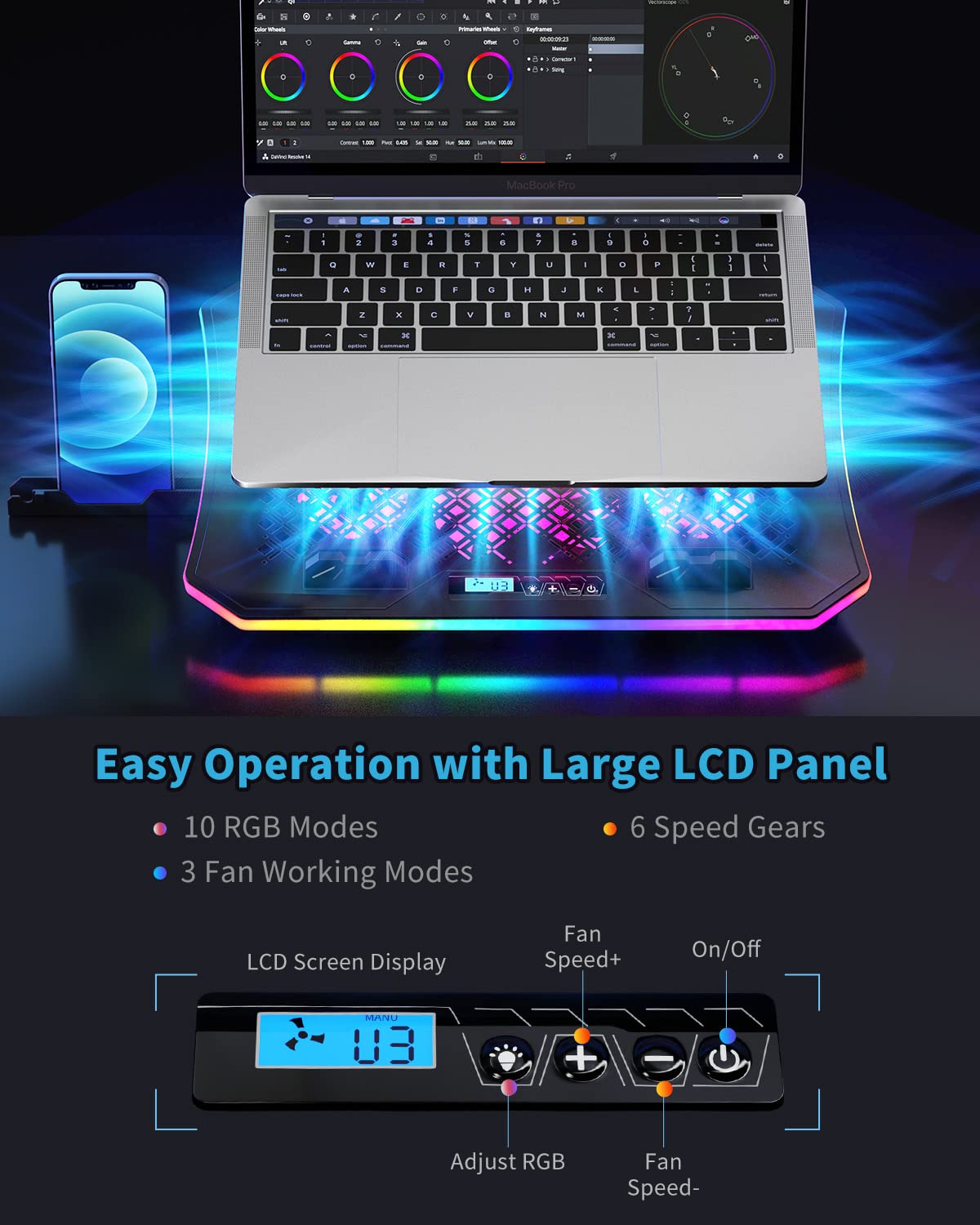 Almohadilla de refrigeración para laptop, KeiBn RGB para portátiles de 15.6 a 17.3 pulgadas, con 10 modos de luz, 6 ventiladores, 7 soportes de altura, 2 puertos USB, uso de escritorio o regazo