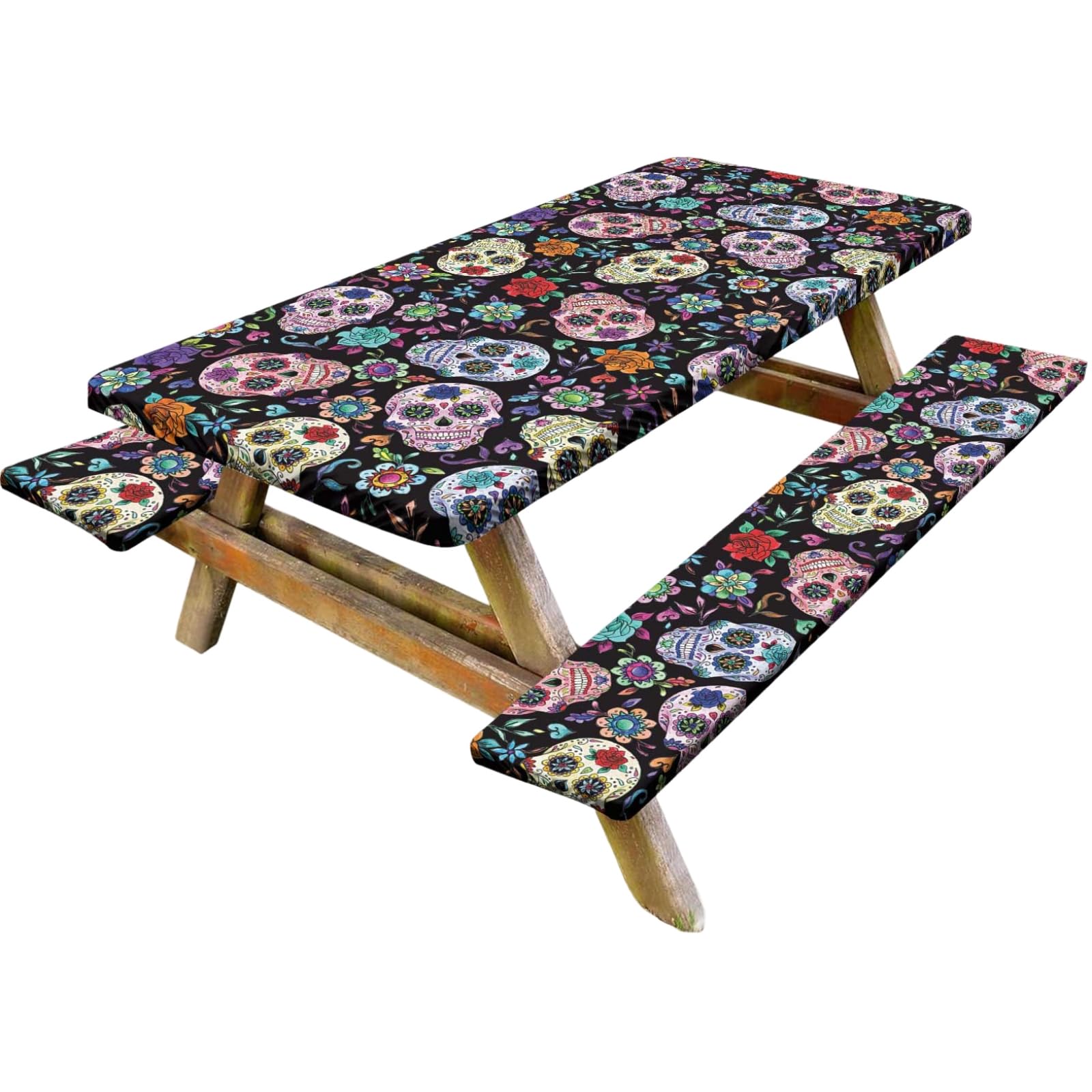 Nappe de table de jardin élastique pour camping et pique-nique crâne fleuri