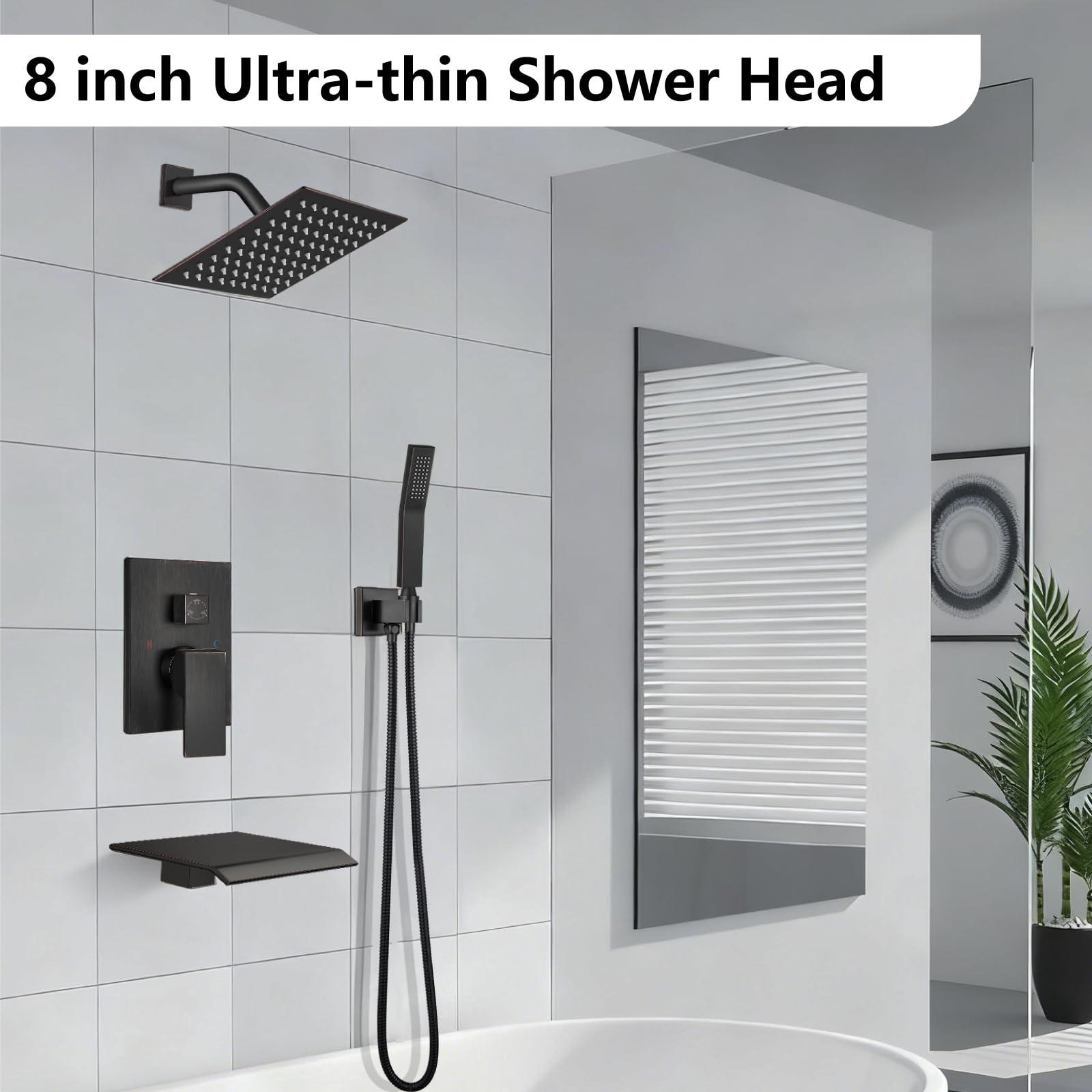 Sistema de ducha con caño para bañera, juego de grifería para bañera y ducha con cabezal de lluvia cuadrado y rociador de mano, juego de grifería de pared para bañera con válvula y kit de embellece