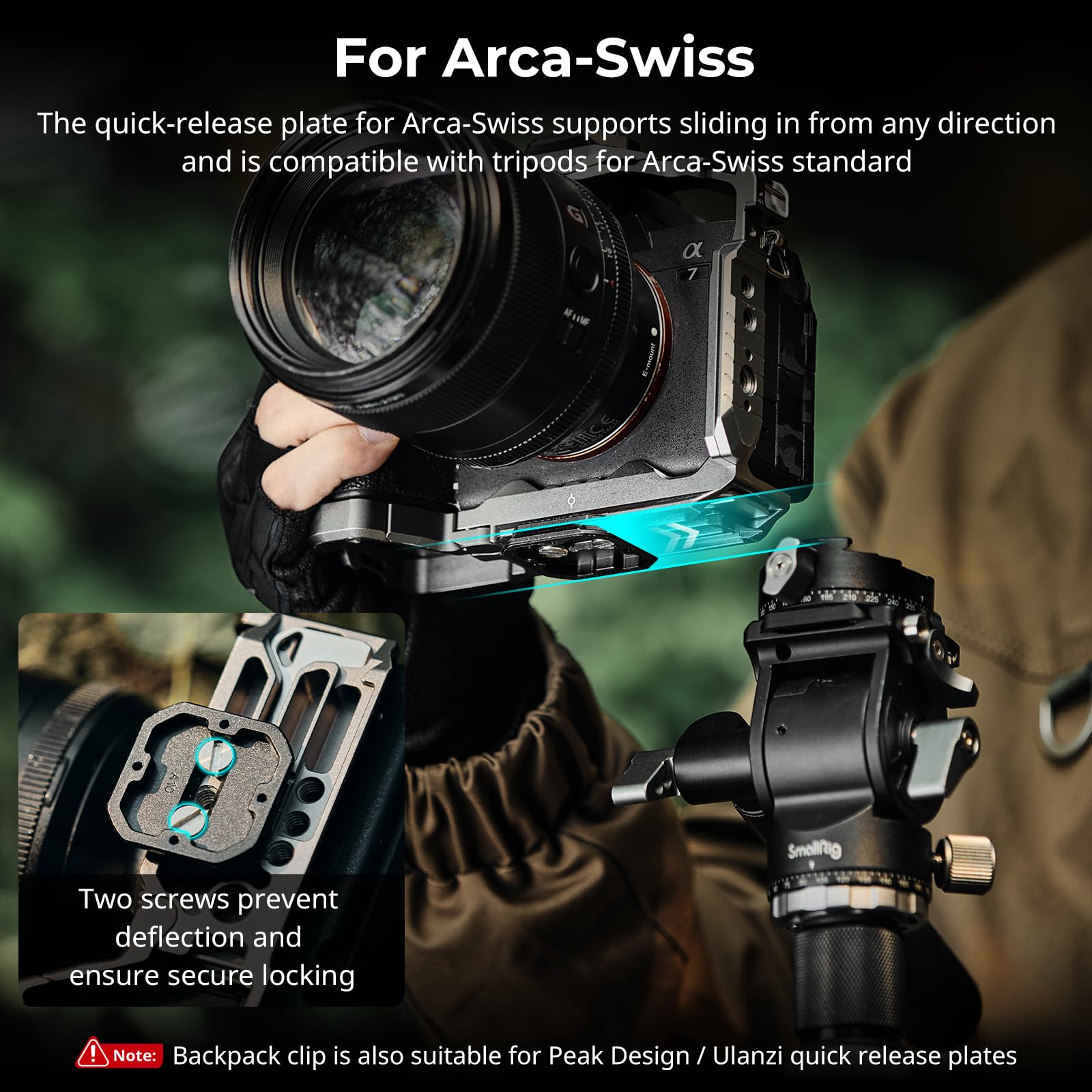 SMALLRIG Cameraclip met Plaat, Snelontgrendelingssysteem voor Sony, voor Nikon, voor Fujifilm, voor DSLR-actiecamera, Rugzakriemclipset voor Arca- Swiss - 5053