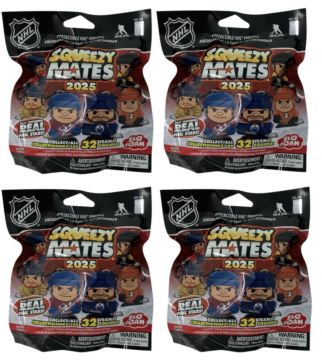 Party Animal - 4 Pack Bundle - Squeezymates NHL Hockey 2025 Series 5 Mystery Blind Pack Bag Figure Slofoam Keychain Multicolor