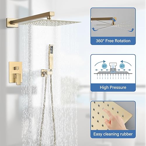 Miniatura 32 de Juego de grifo de ducha de níquel cepillado con cabezal de ducha de lluvia de 12 pulgadas y rociador de mano montado en la pared con válvula