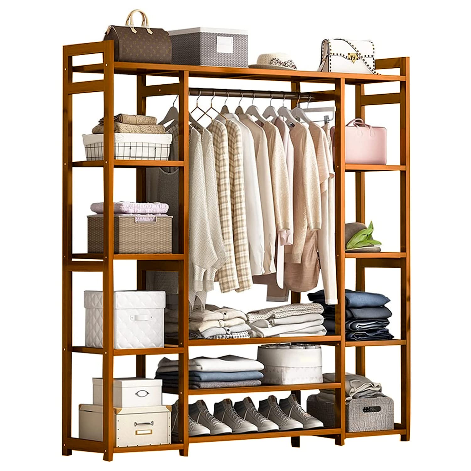 LEOPAX Natural Bamboo Multipurpose 3 Layer Clothing Garment Rack Free Standing Clothes Coat Hanger, Portable Wardrobe Closet Organizer (Size - 140x30x150cm)