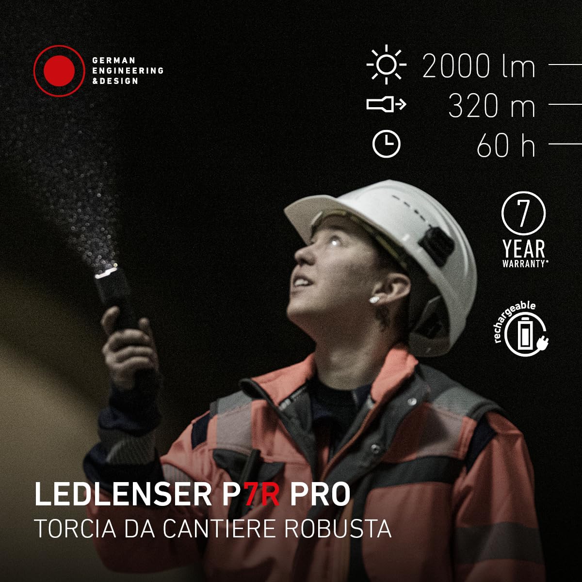 Ledlenser P7R Pro Torcia Ricaricabile, 2000lm, Portata 320m, per Cantieri | Messa a fuoco regolabile, 223g, autonomia 60h, protezione in gomma, 8 modalità, per meccanici, elettricisti e idraulici