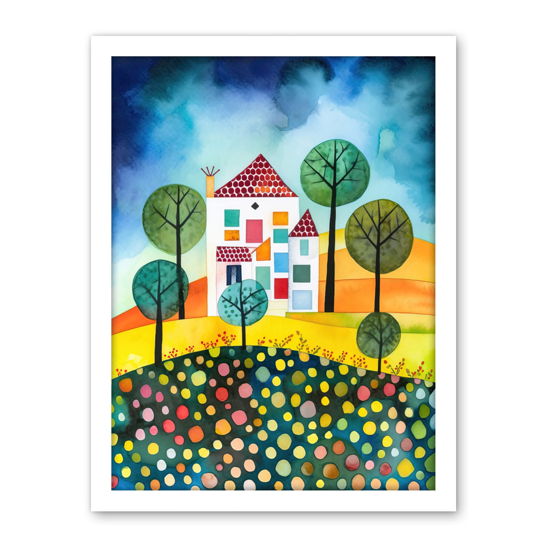 Artery8 Abstract House And Garden Folk Art Artwork Framed Wall Art Print 18X24 Inch