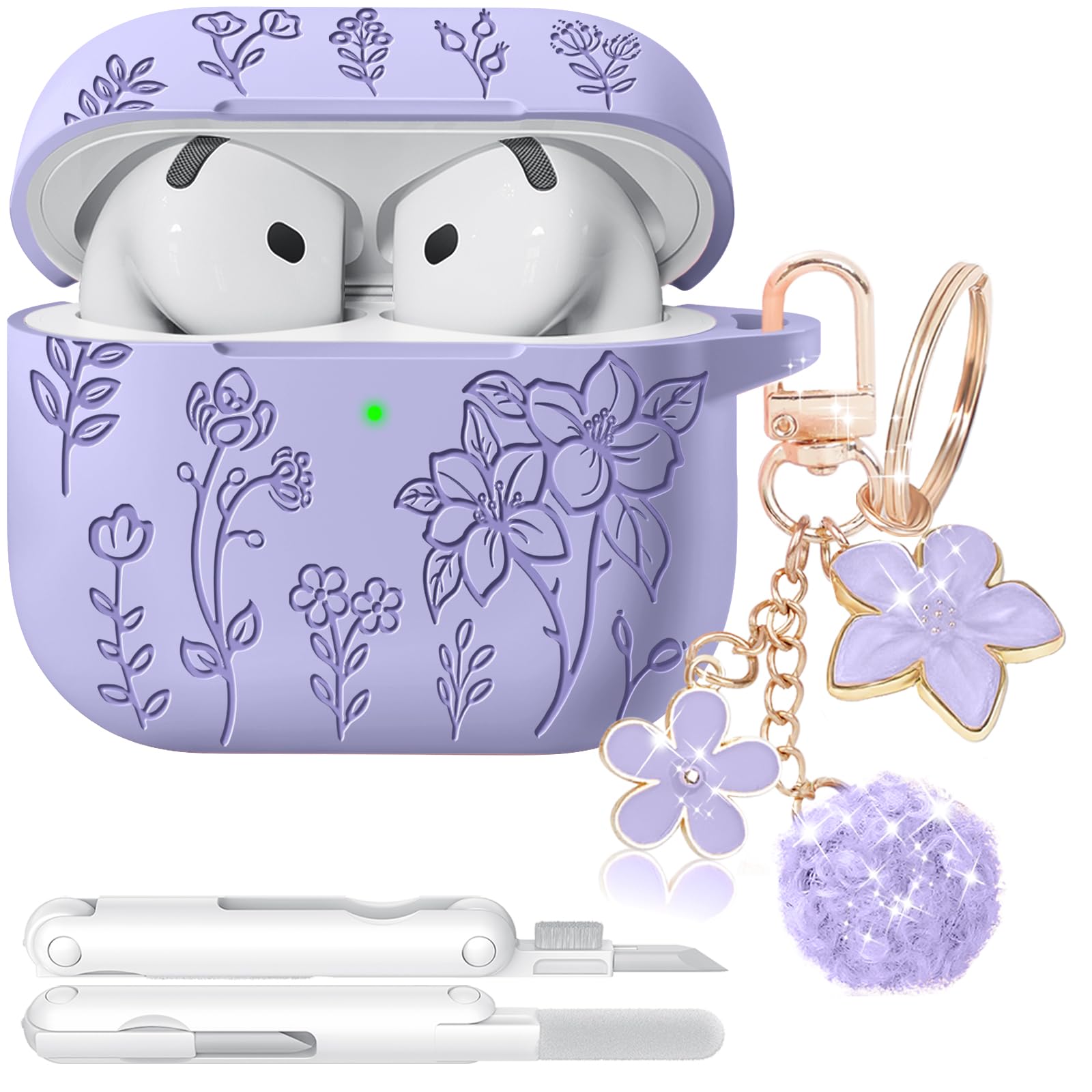 Ekoonpft for AirPods 4 Case, Soft Silicone Flower Engraved Airpod 4 Cases with Qute Keychain &amp; Cleaning Kit, Compatible with AirPods 4th Generation 2024 Cover for Women Girly, Anti-Scratch, Shockproof