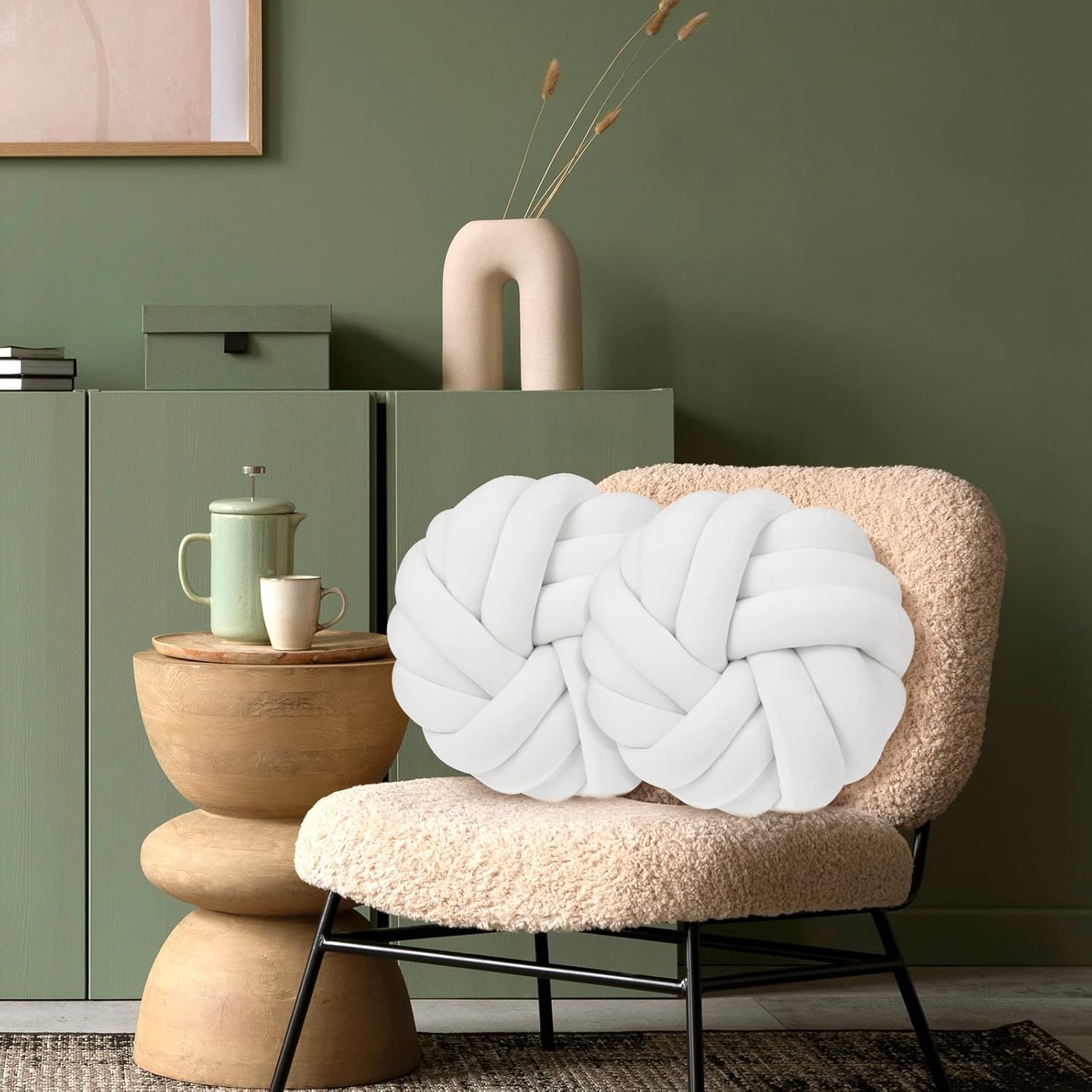 Fumete 2 Pcs 14 Inches Knot Pillow Round Throw Soft Plush Knot Ball Pillow Handmade Knotted Modern Home Decorative Cushion for Bed Bedroom, Sofa, Couch (White)