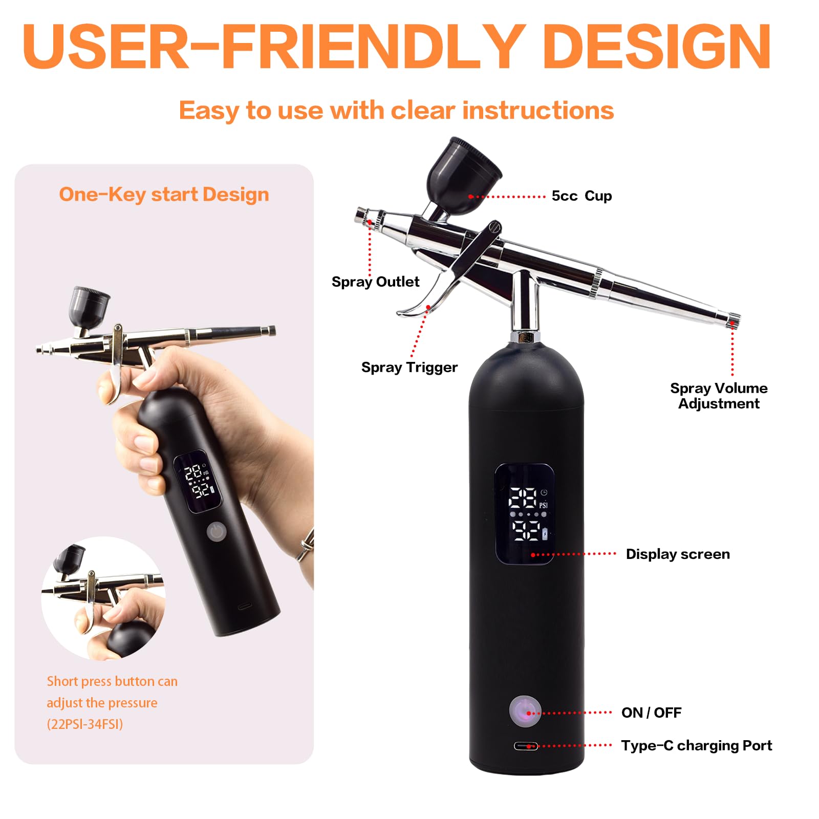 Kit di aerografo con compressore d'aria da 6000 mAh, 35 psi, kit per aerografo con schermo LCD, set di pistole per aerografo ricaricabili senza fili, portatile, non intasamento, per unghie, trucco