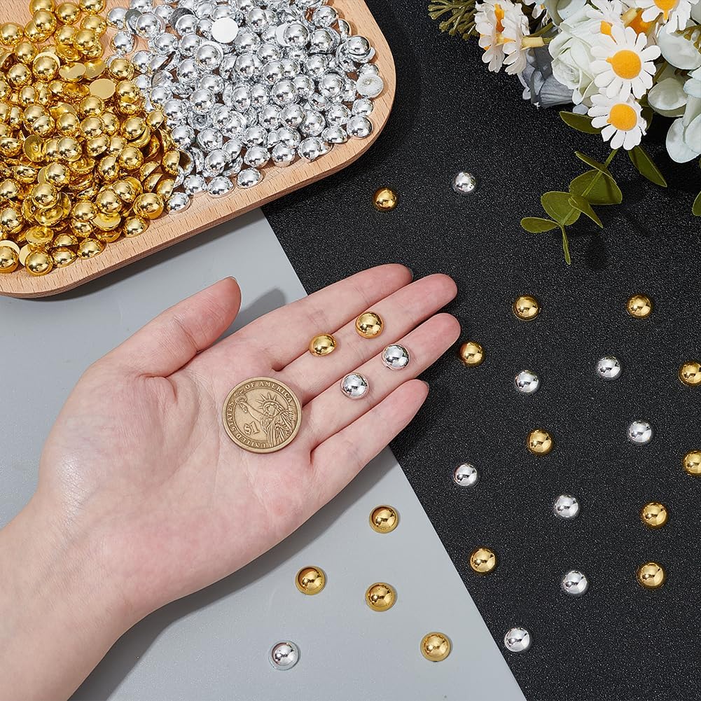 PH PandaHall 800pcs Flat Back Half Round Pearls Gold Silver Flatback Pearls, 10mm Round Cabochons Flatback for Craft Projects Jewelry Making Shoes Scrapbook Nail Art Decoration - Image 3