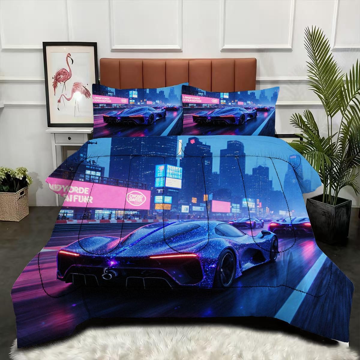 Couette 200x200 cm Voiture de Sport pour lit 2 personnes avec taies d'oreiller