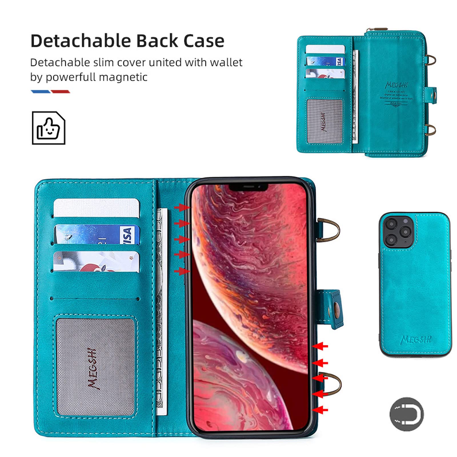 Etui do iPhone 14 / 14 Pro / 14 Plus / 14 Pro Max, z klapką, zamek błyskawiczny, etui na telefon komórkowy, przegródka na karty, magnetyczne, odporne na zarysowania, niebieskie, 35,5 cm (6,1")