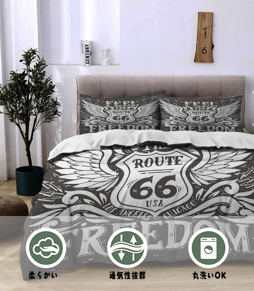 NIBAINLO 布団カバー自由を感じさせるルート66のヴィンテージテーマの黒背景 肌に優しい ピーチスキン加工 掛け布団カバー 和式 洋式 あったか 布団カバーセット リバーシブル ホームステイ ホテル 家庭兼用