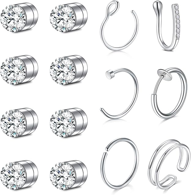 Crdifu Fake Nose Ring Stud Magnetic Non Pierced Faux Septum Ring Stainless Steel Diamond Studs