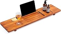 Realgulf 35" Expandable Teak Bathtub Caddy Tray for Freestanding Tubs - Solid Wood Spa Organizer with Wine Glass, Phone Holder & Non-Slip Grips