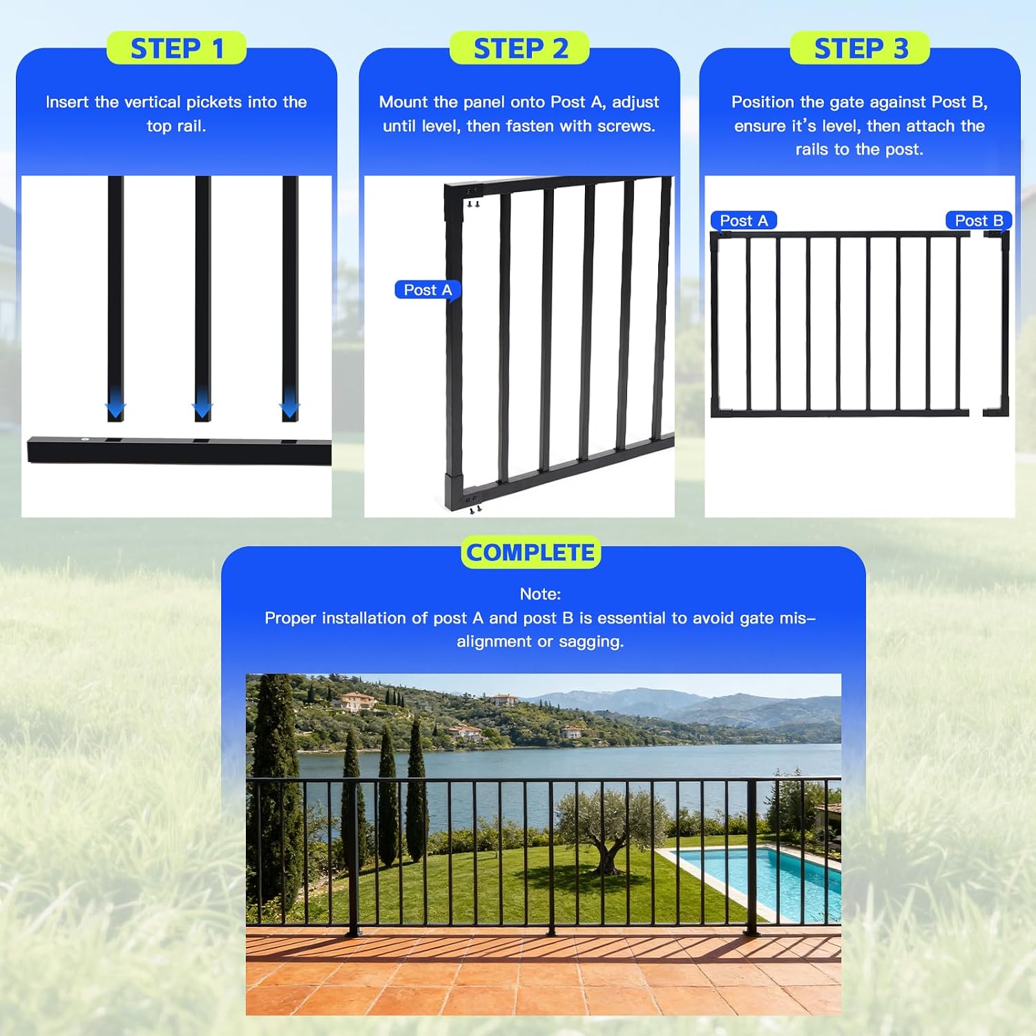 4ft W x 32in Wrought Iron Deck Gate – Heavy-Duty Security Gate, Cuttable Outdoor Railing Gate, Rust-Proof AAMA2604 Black Textured Finish for Patio Porch Garden (Hinge & Lock Not Included)