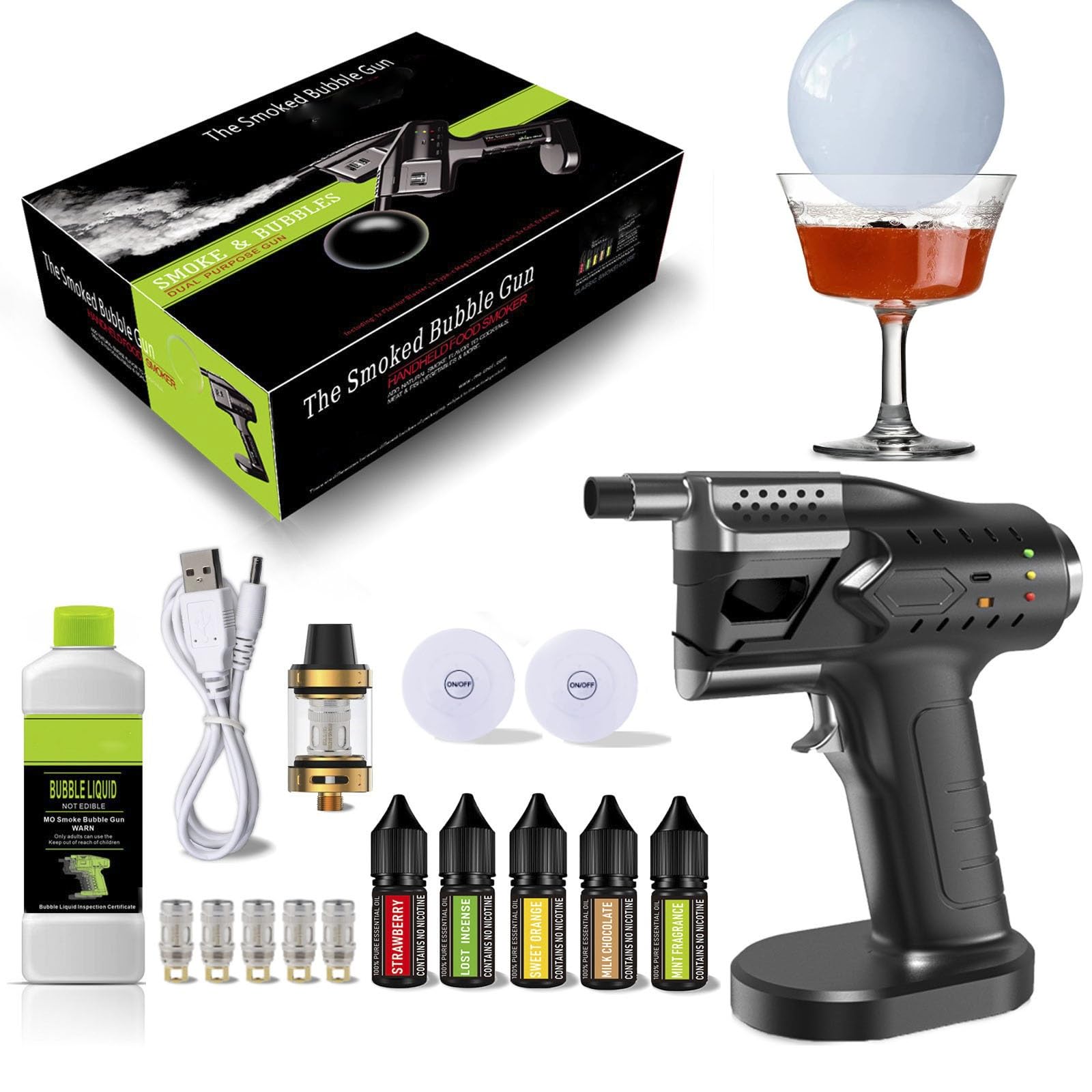 Pistolet do robienia baniek mydlanych z pojemnikiem na dym, kablem USB do ładowania, infuzorem do koktajli i drinków