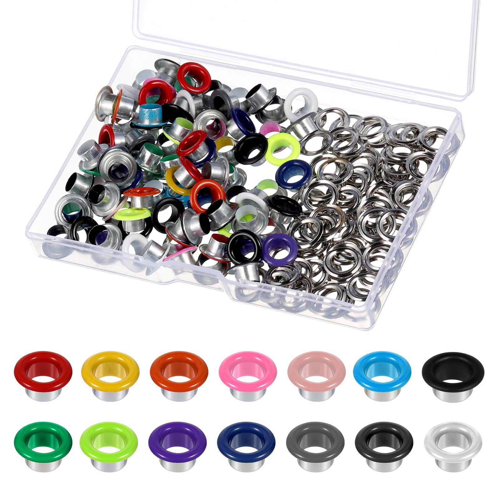 Photo 1 of 100 Set Metal Eyelets and Grommets, Metal Eyelets for Paper Crafts, 6mm Multi-Color Grommets Kit with Storage Box for DIY Shoes, Clothes, Crafts, Bag, Paper Crafting, Leather