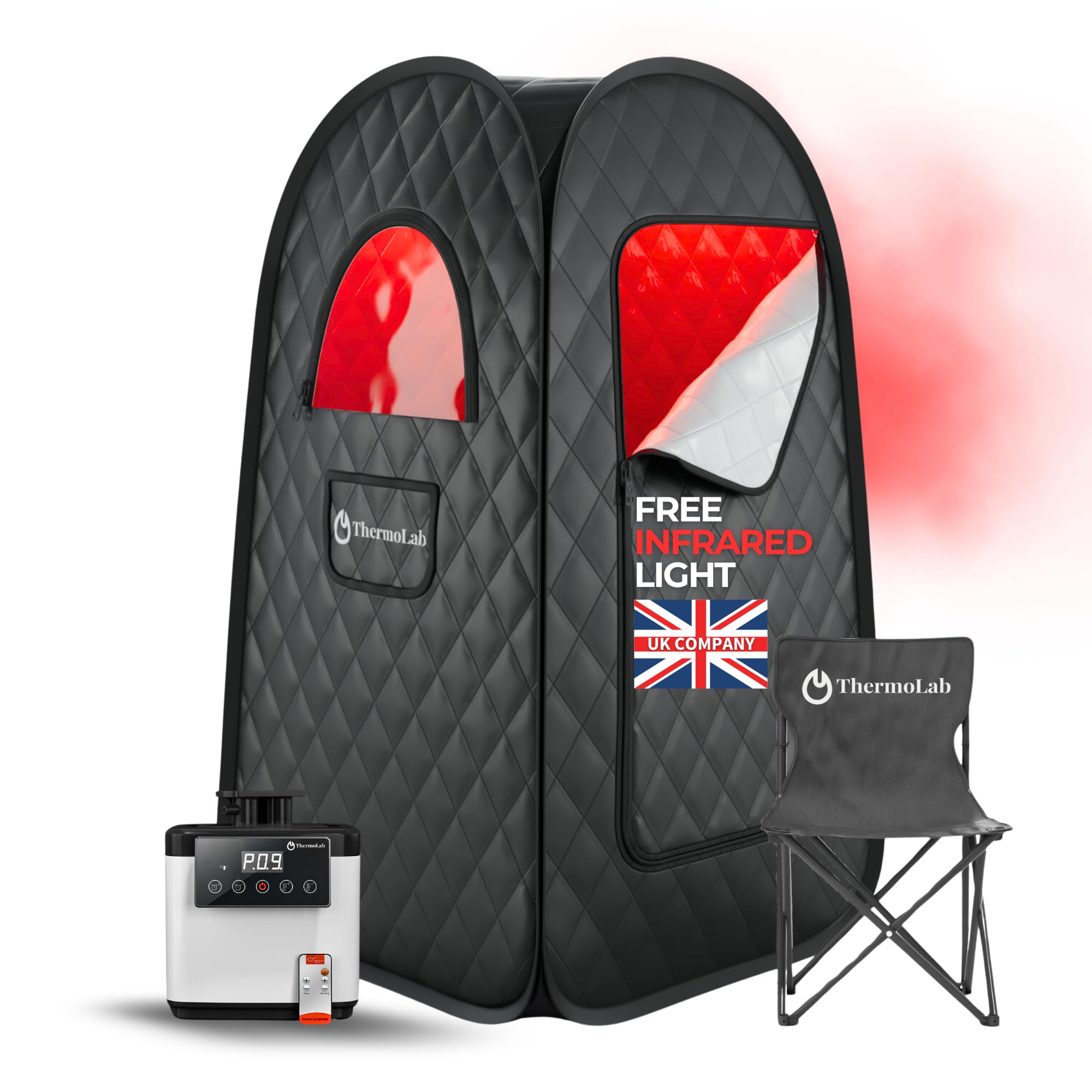 Improved 2.0 ThermoLab ® 2025 Steam Sauna for Home Use – 2.6L Steamer & 1000W Heater with Chair & Infrared LED – Detox, Relaxation & Stress Relief – Upgraded 2025 Pop-Up Tent with Remote Control