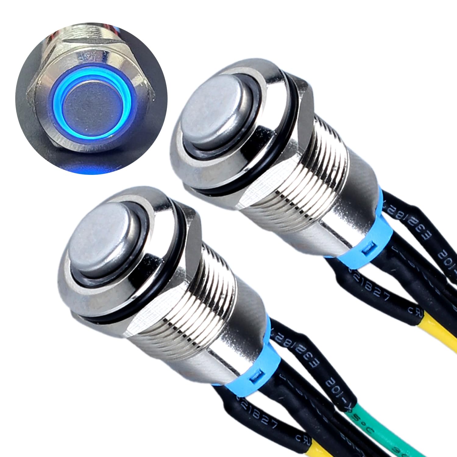 DMWD 2Pcs 12mm Metal Latching Push Button Switch High Round Head Silver Shell 1 Noramlly Open 12V-24V with Halo Ring Blue LED