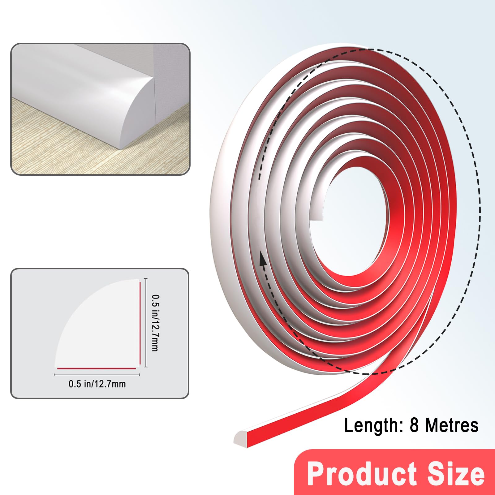 Moulure Auto-adhésives Flexible, 8 mètres Garniture de Moulure Joint Plafond Mur Quart de Rond TPE, Moulure Murale Autocollante pour Plafonds, Murs, Bords de Carrelage, Sols, Plinthe(Blanc)