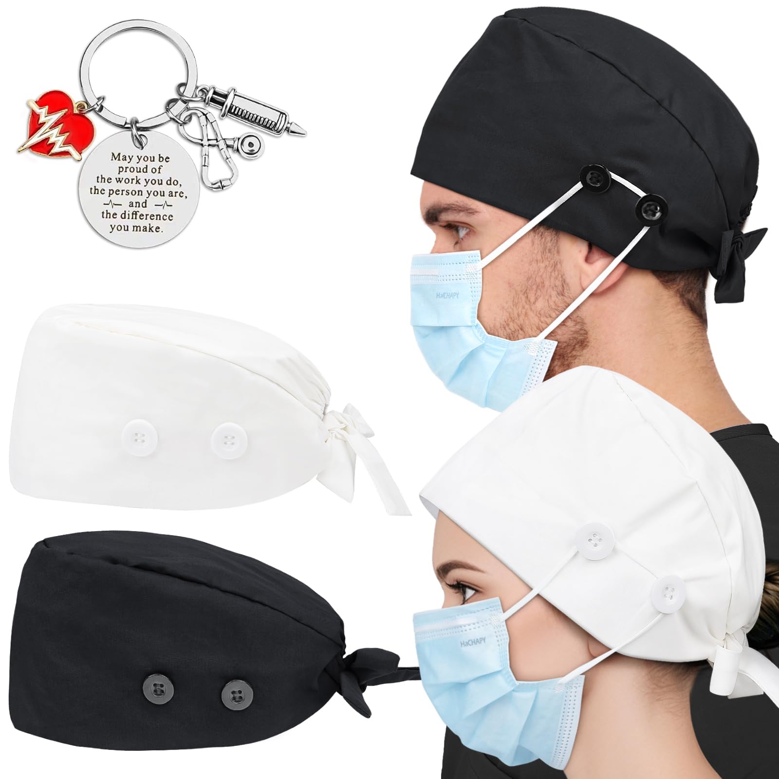 2 Pcs Satin Lined Scrub Cap Nurse Hats for Women Men 4 Buttons
