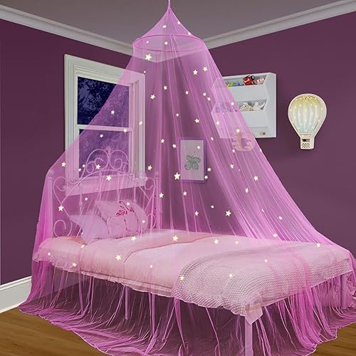 Toldo de cama rosa para niñas con estrellas brillantes en la oscuridad, toldo de cama de princesa para habitación de niñas, mosquitera para cama de