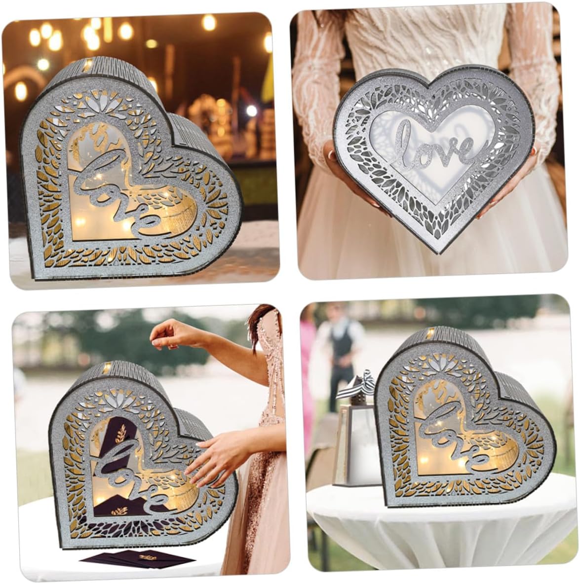 Gadpiparty Wooden Heart-shaped Hollow Card Box with Glitter, Envelope Money Storage Box for Wedding, Birthday, Valentine’s Day, Anniversary, Graduation Party Decoration
