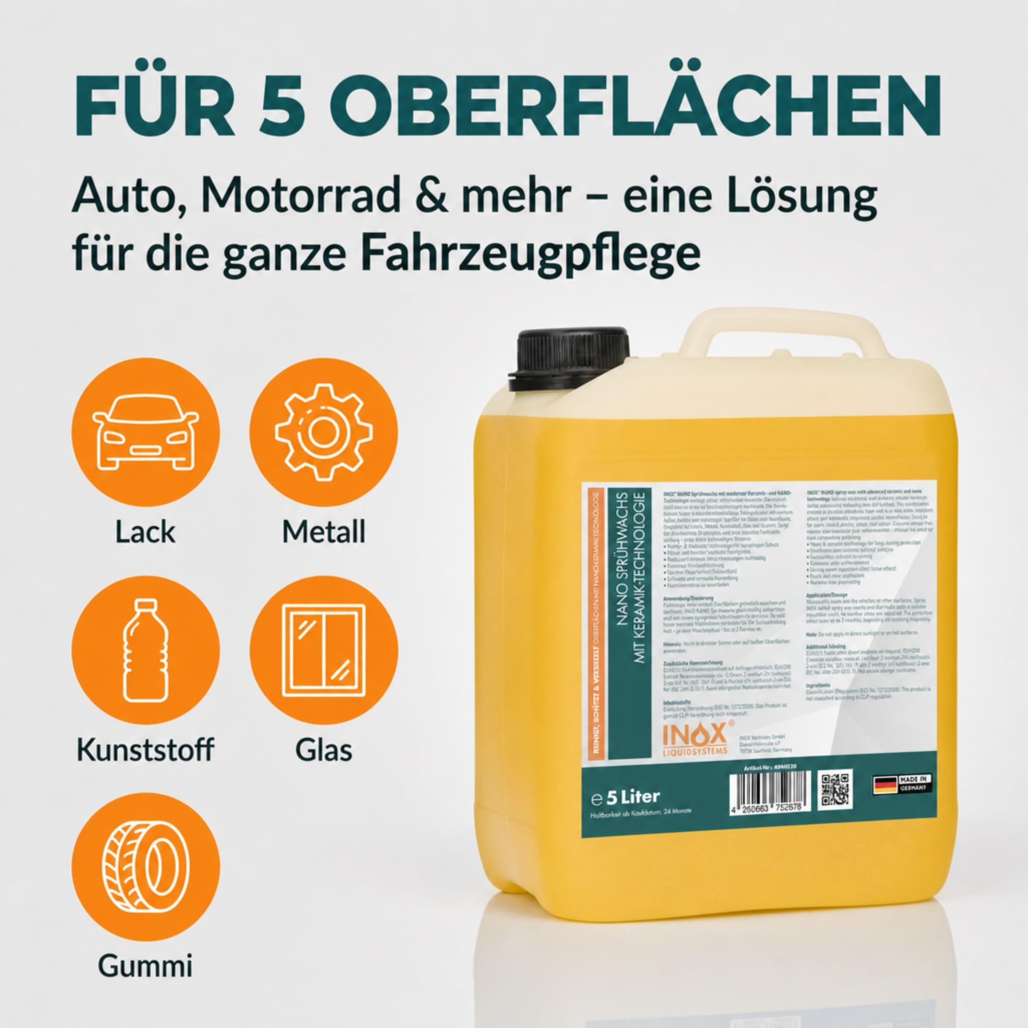 INOX® Sprühwachs – Premium Spray Wax mit Abperleffekt - Autopflege für Glanz & Schutz - Perfekte Lackpflege und Sprühversiegelung - Für alle Lacke geeignet (2 x 5L)