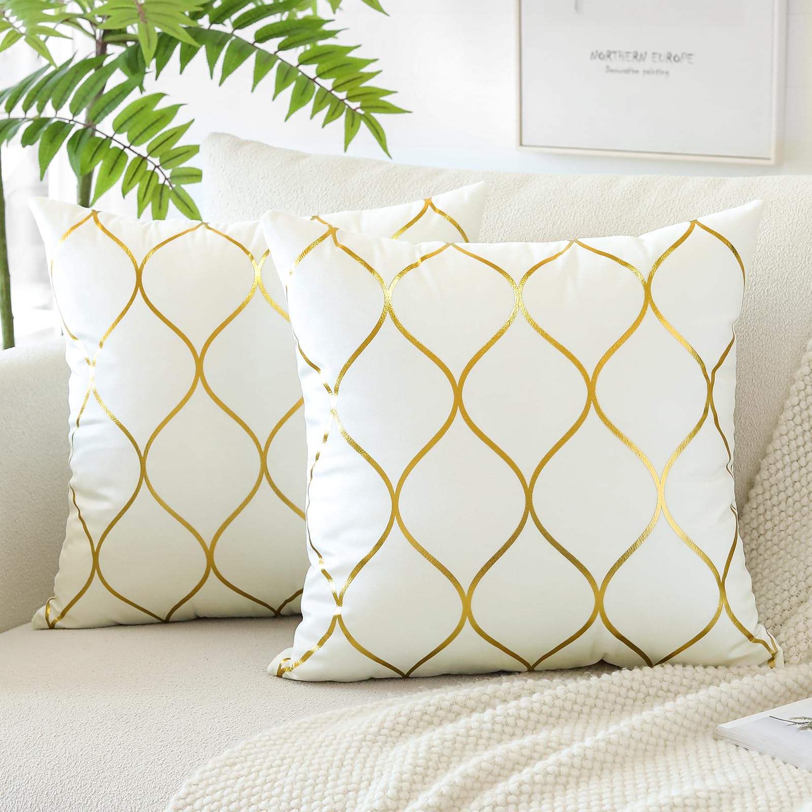 OTOSTAR Set di 4 federe decorative dorate, 40 x 40 cm, in morbido velluto massiccio, per divano, casa, camera da letto (bianco crema)