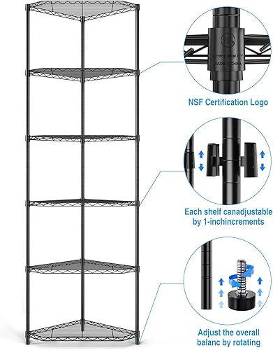 Miniatura 4 de Estantería de alambre de esquina de metal NSF de 6 niveles, capacidad de 600 libras, ajustable, con pies niveladores y revestimientos de estantes,