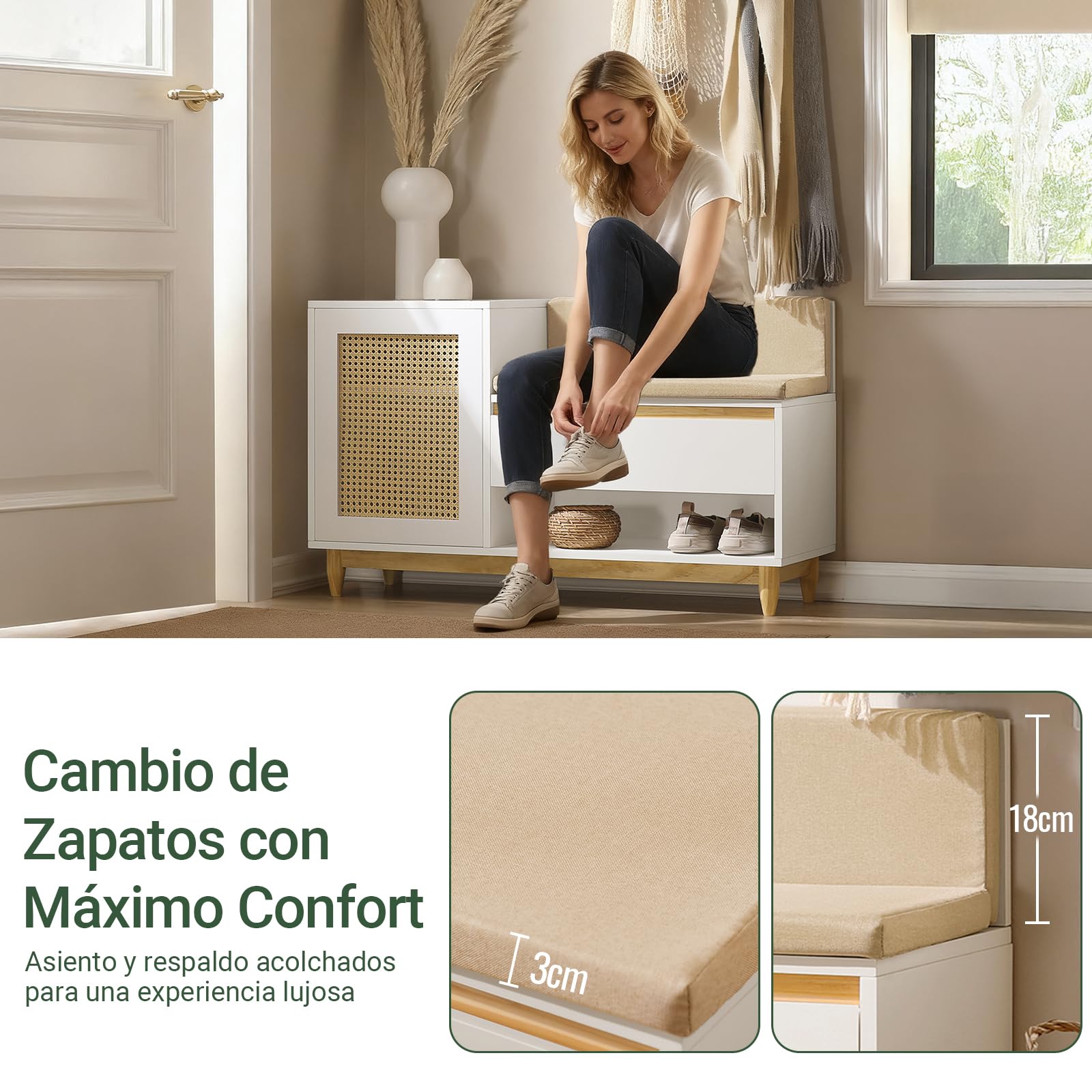 SoBuy Banco Zapatero con cajón 100x35x60cm para recibidor | Banco entrada con asiento, cajón, puerta y estantes ajustables, MDF E1, carga 150kg blanco FSR128-W