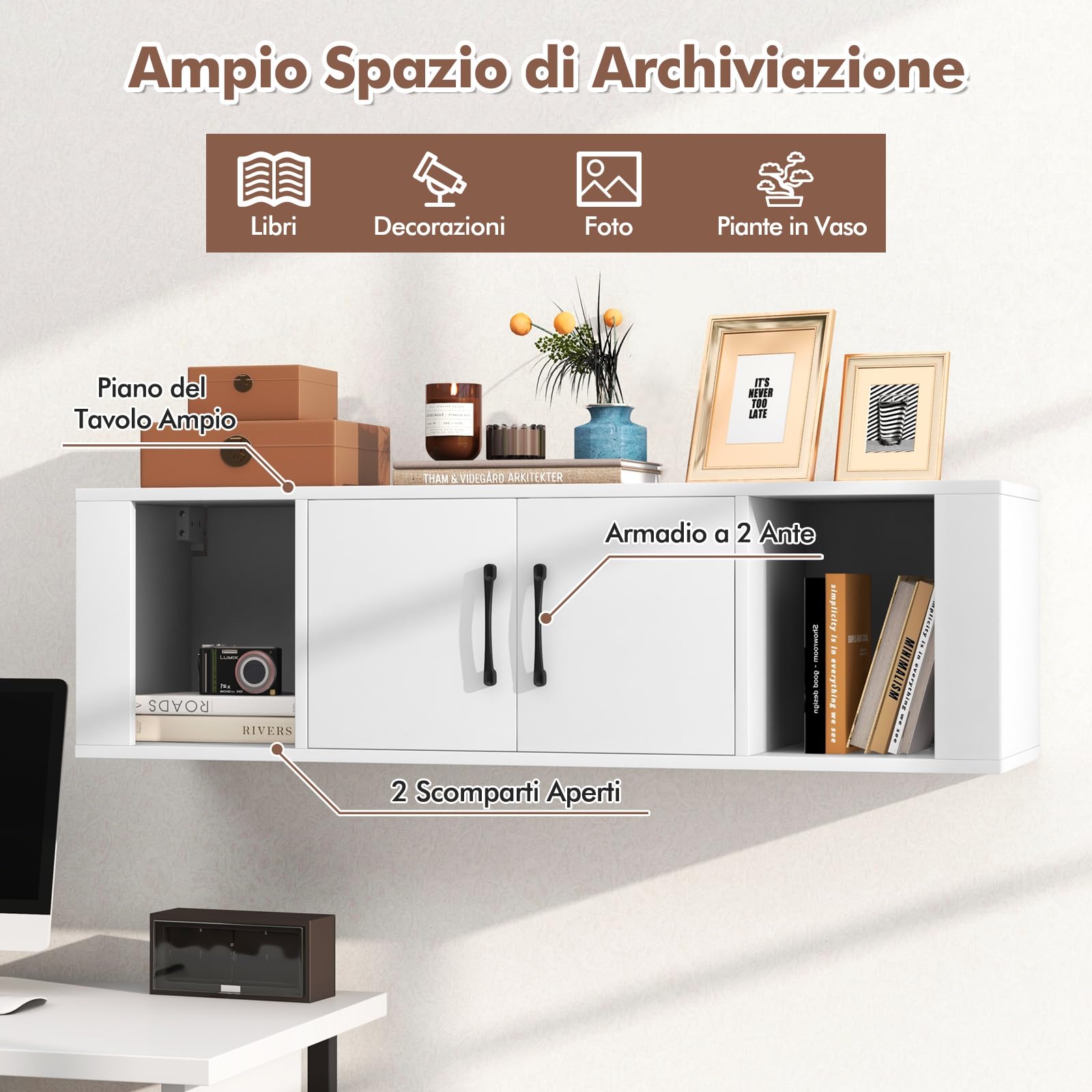 COSTWAY Libreria a Parete con 2 Cubi, Armadietto Sospeso a 2 Ante in Legno, Design Salvaspazio, Multiuso per Soggiorno, Studio, Cucina e Ufficio, 108 x 33 x 30,5 cm (Bianco)
