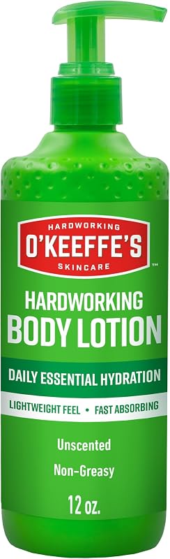 OKeeffes Hardworking Body Lotion, 12 oz Pump, Fragrance-Free Formula | Deep Hydration for Extremely Dry and Cracked Skin, Non-Greasy, Hypoallergenic, Fast-Absorbing