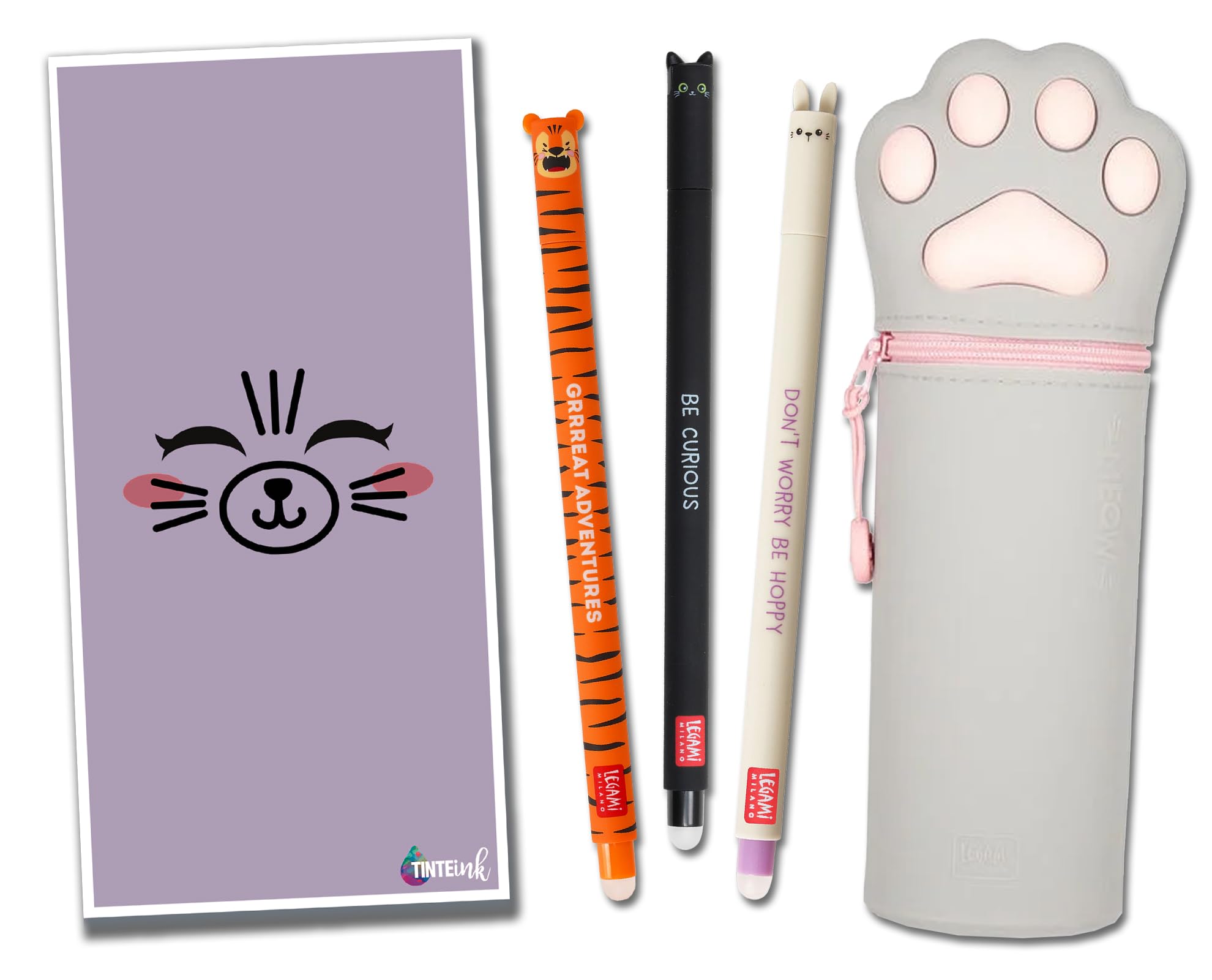 Tinte Ink Legami Erasable Pens with Matching 2 in 1 Silicone Pencil Case Gift Envelope! - Choose Cute Design! (Cat Paw Case Set)