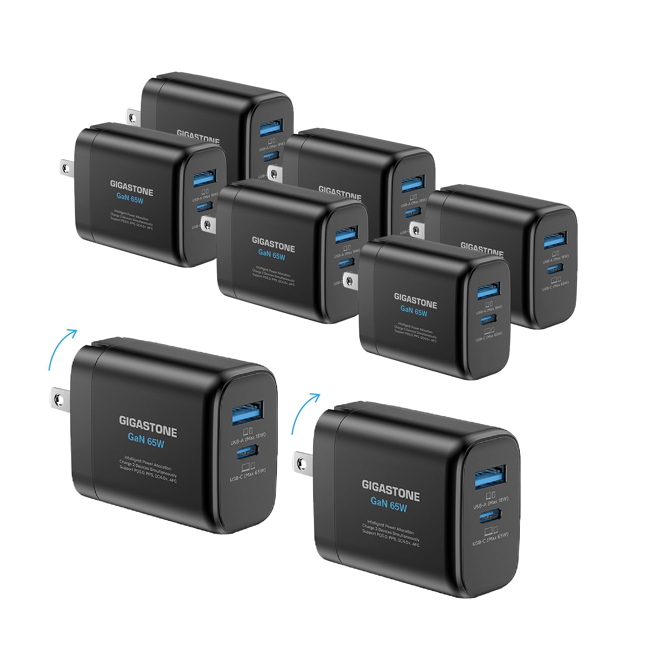Gigastone 65W USB C USB A Charger 8 Pack GaN Power Go PPS Dual Port Intelligent Power Allocation