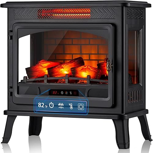 Electric Fireplace Infrared Heater 3D Freestanding Fireplace Stove Heater with Remote Control, Timer, Adjustable Flame Effect, Upgraded Safety Protection 24"