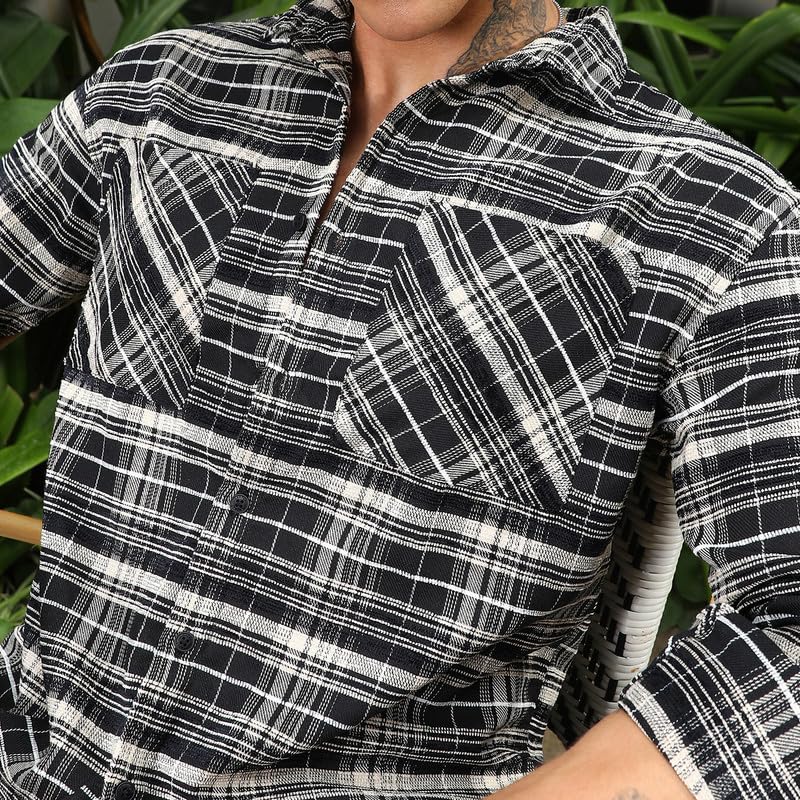 Image of CAHOOT Men's Multitrack Striped Oversized Shirt for Casual Wear | Spread Collar | Long Sleeve | Button Closure | Oversized Shirt Crafted with Comfort Fit for Everyday Wear