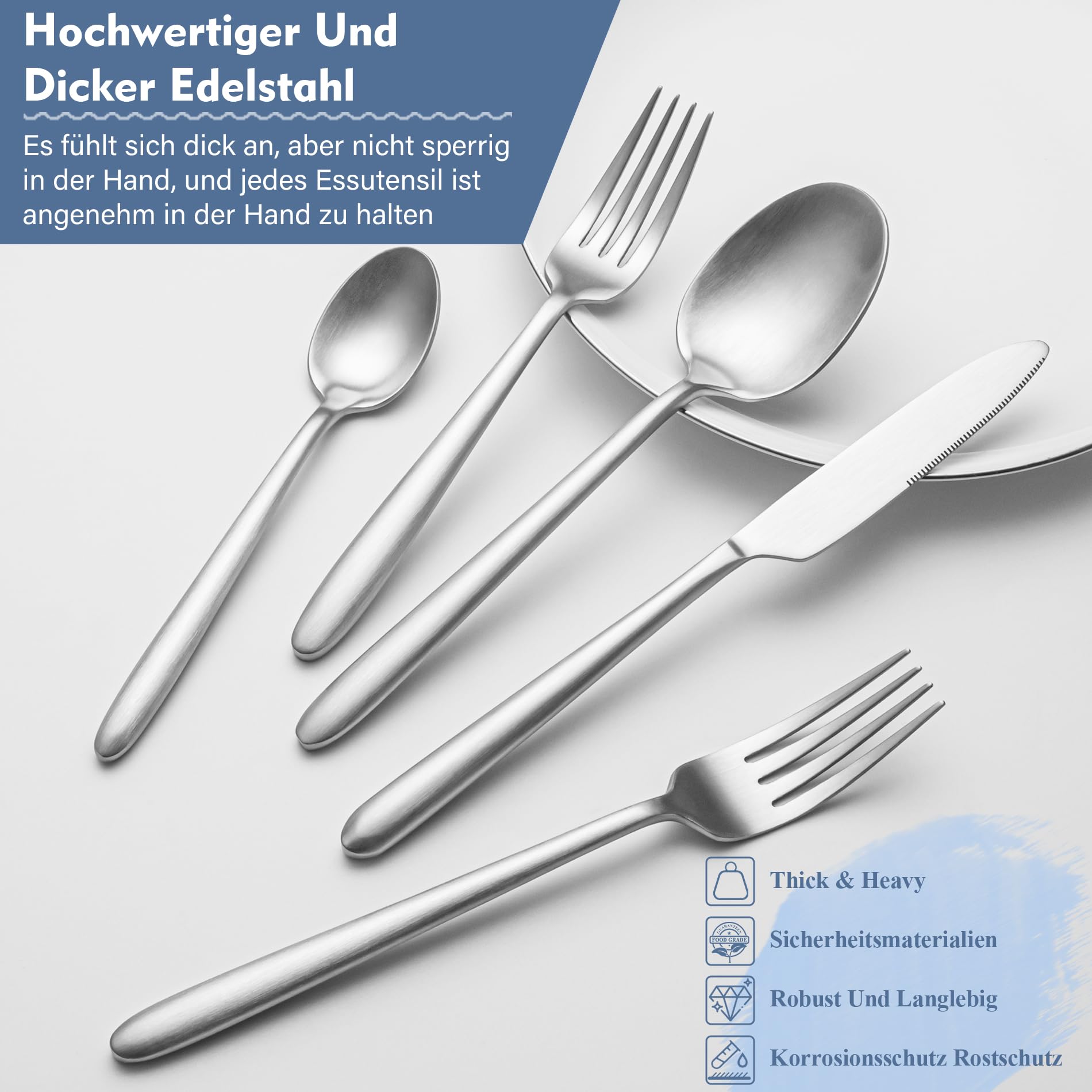 30-teiliges Schweres Besteck Set 6 Personen, EIUBUIE Elegantes Besteck Matt | Runder Griff, Hochwertiges Edelstahl Besteckset, Spülmaschinenfest, Essbesteck Set, matt gebürstet, Messer Gabel Löffel