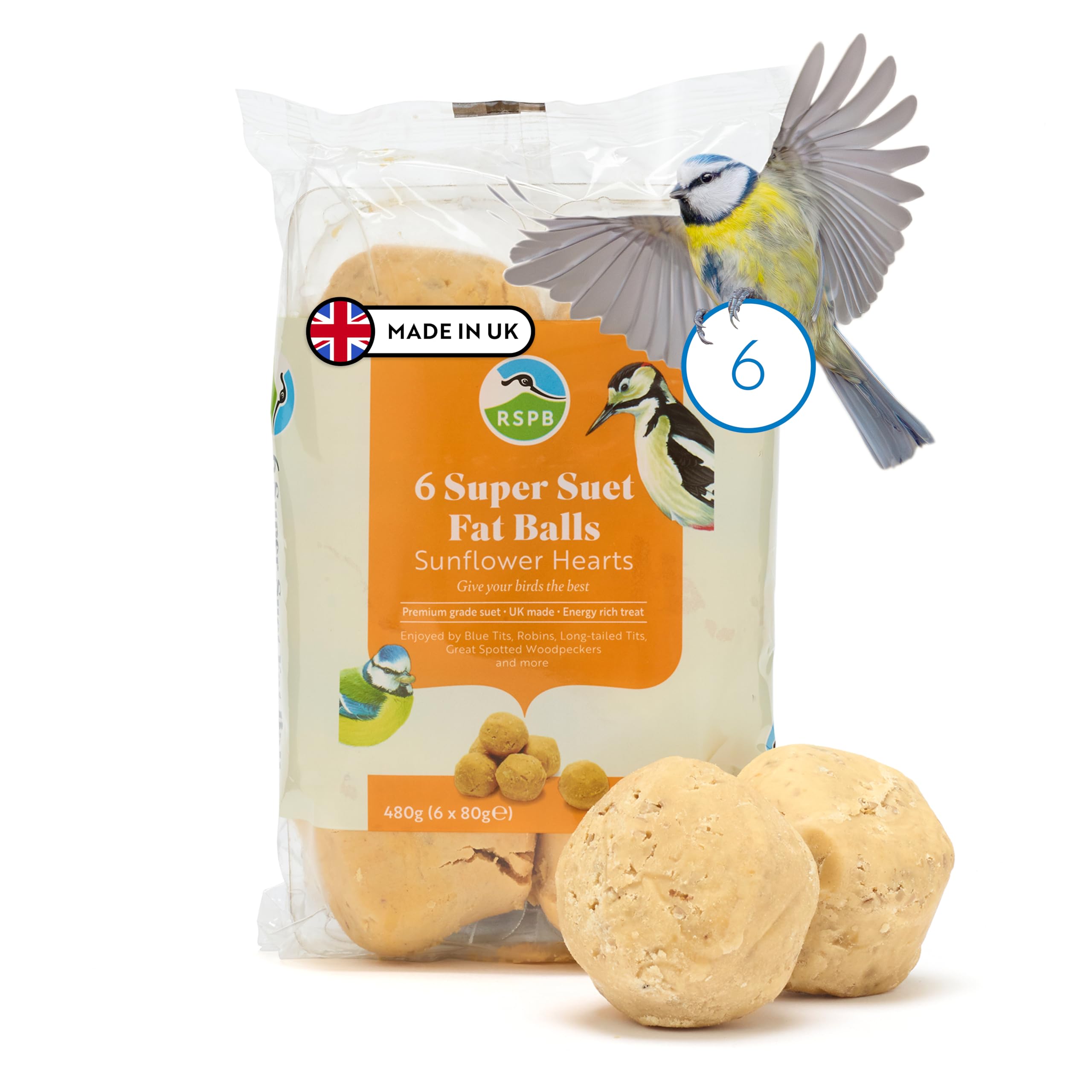 RSPB - Fat Balls for Wild Birds, High Energy Food, Suet Balls for Wild Birds with Sunflower Hearts, Made in the UK, Suitable for Year-Round Feeding (6 Pack)