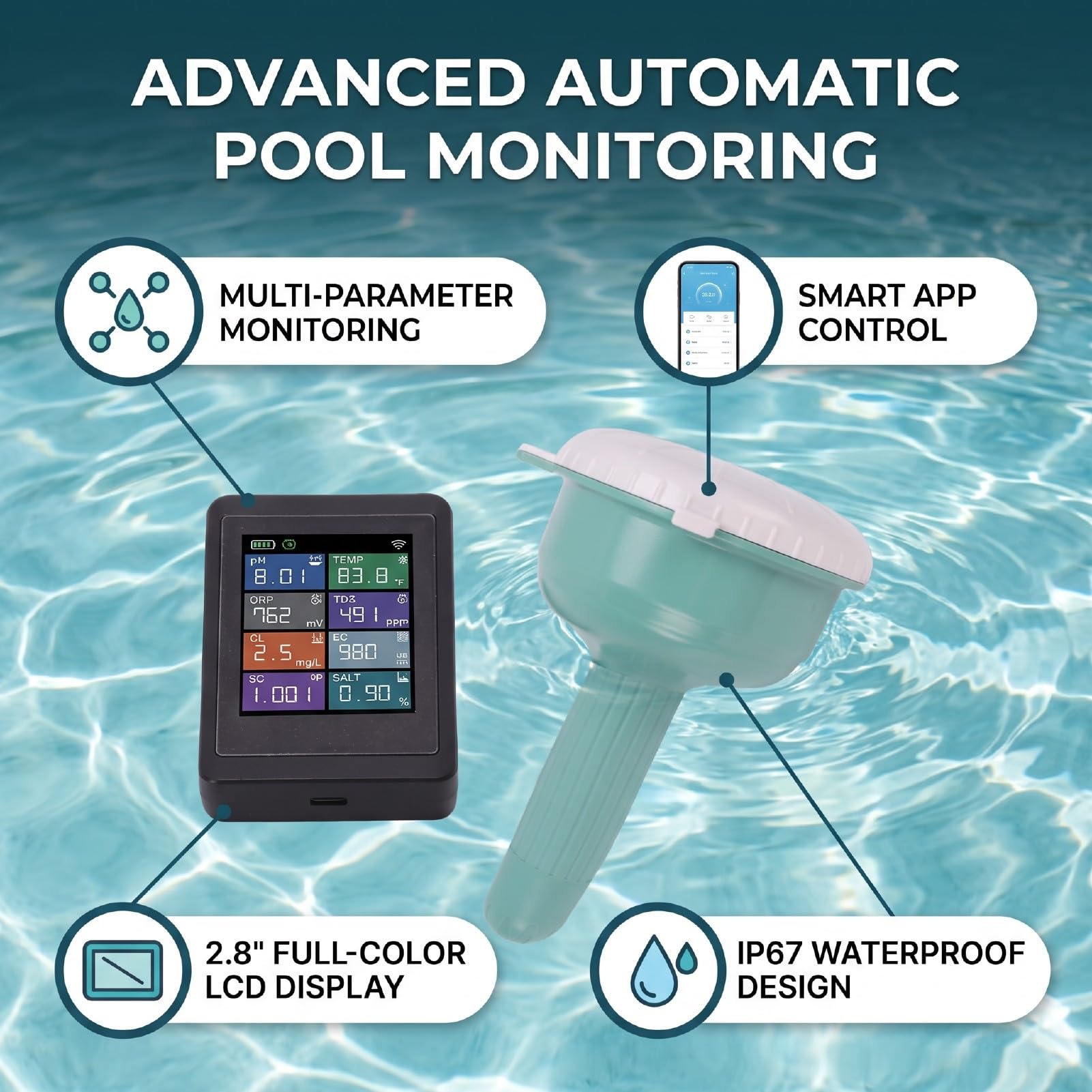 Probador Flotante IP67 del Control de la Aplicación | 8 Parámetros PH FAC ORP Salinidad TDS EC SG Temp, Rango de 300 M, Pantalla LCD, Batería de 5000 MAh