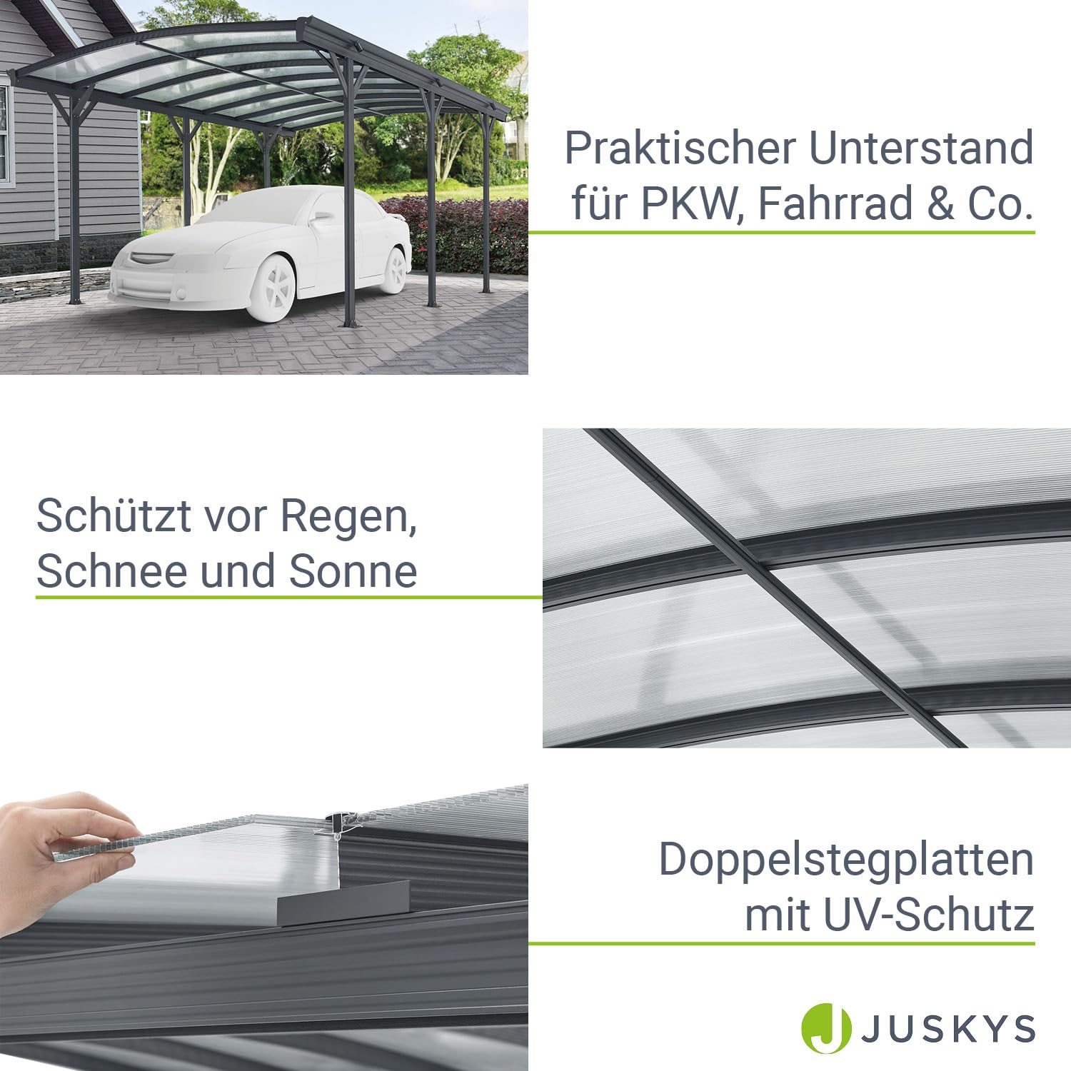 Juskys Carport mit Bogendach 5x3 m - Überdachung aus Aluminium mit Doppelstegplatten - Unterstand für Autos - freistehende Montage - Dunkelgrau