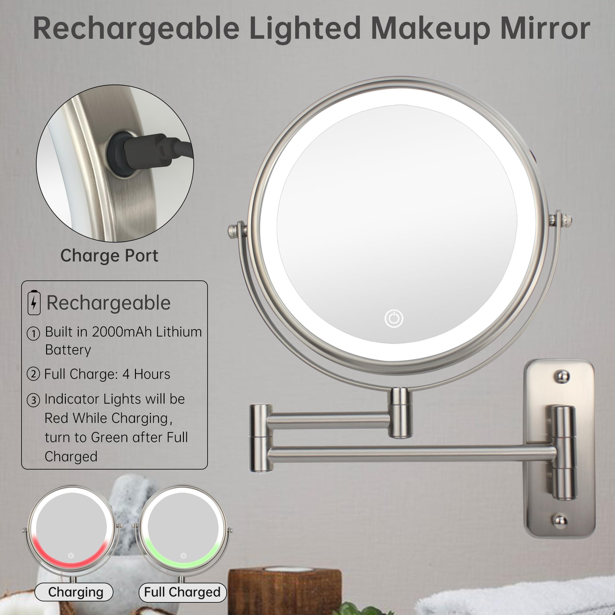 JANEEVA 20,3 cm Wandmontierter Make-up-Spiegel, 10-fache Vergrößerung, Spiegel mit 360° ausziehbarem Arm – doppelseitiger Kosmetikspiegel für Badezimmer (Chrom