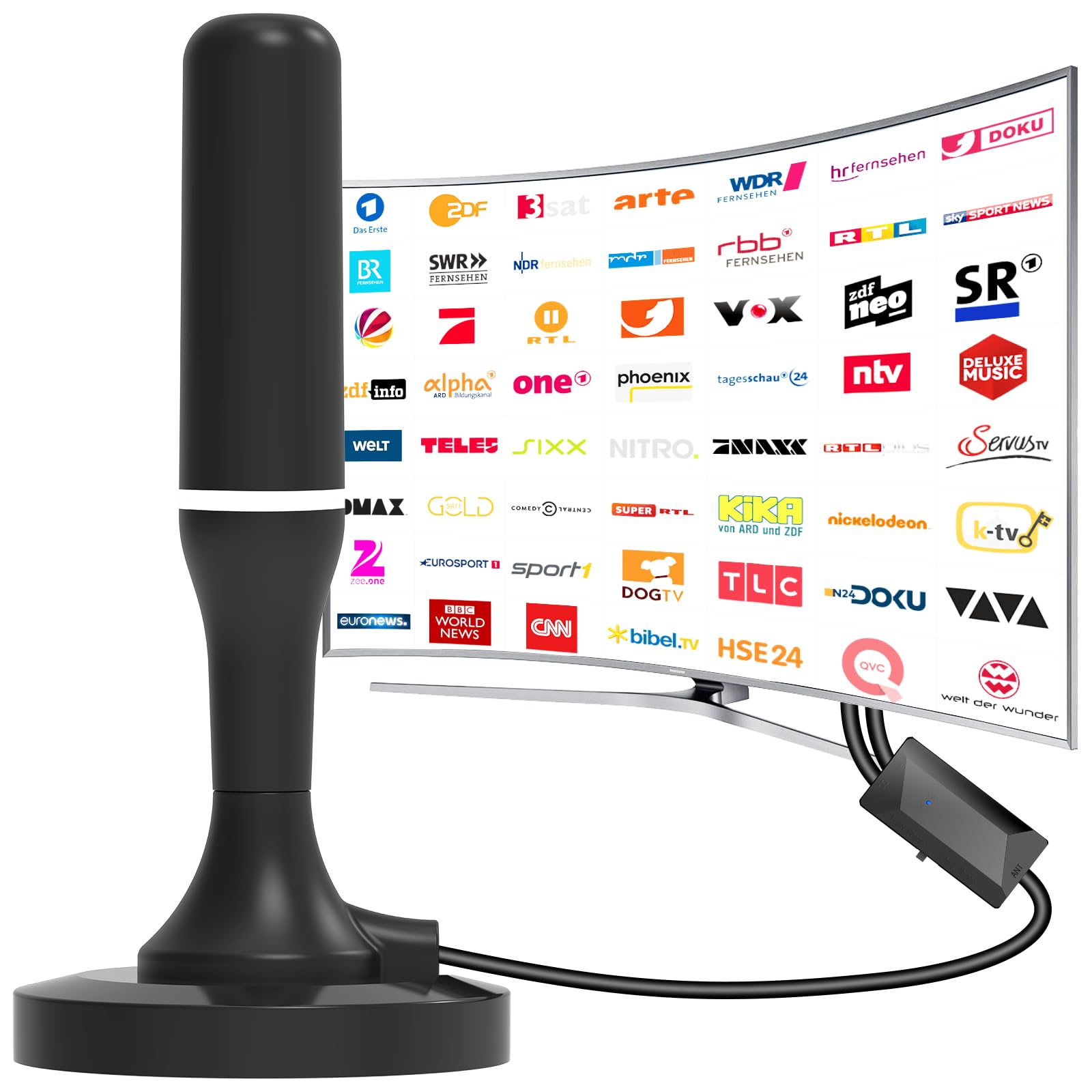 Antenna TV Interna, Antenna TV Interna Amplificata Potente Ricezione 360° fino a 100 km con Base Magnetica, adatta per la ricezione di canali locali