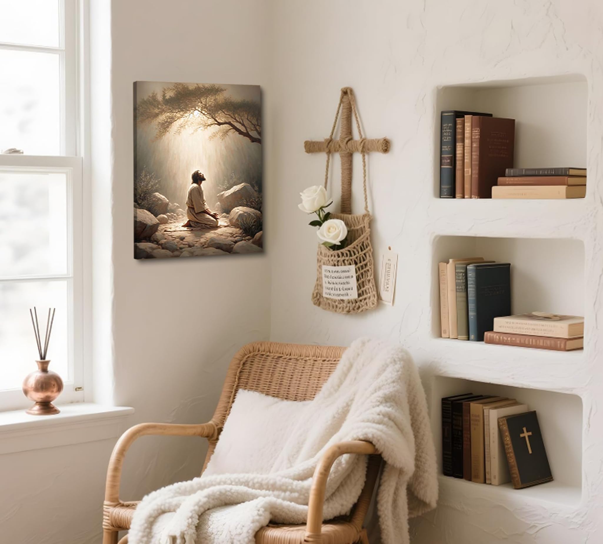 Jesus Prayers Canvas Wall Art God Divine Mercy Portrait Tranquility Painting Picture Wall Decor Jesus Praying in the Garden of Gethsemane Poster Prints for Bedroom Church Home Decoration 12x16